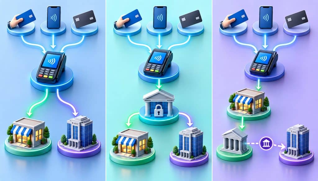 Processor split, lockbox, and ACH merchant cash advance repayment structures compared