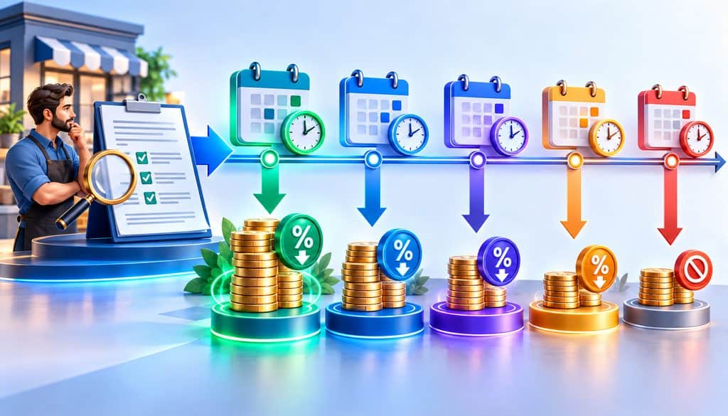 Merchant cash advance early payoff timeline showing multiple discount windows and a final standard payoff path